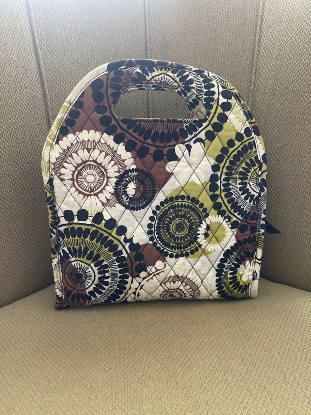 Vera Bradley Quilted Circle-Print Lunch Tote in Olive, Brown & Cream